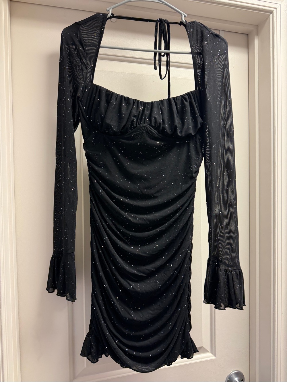 Black Sparkle Ruched Long-Sleeve Mini Dress
